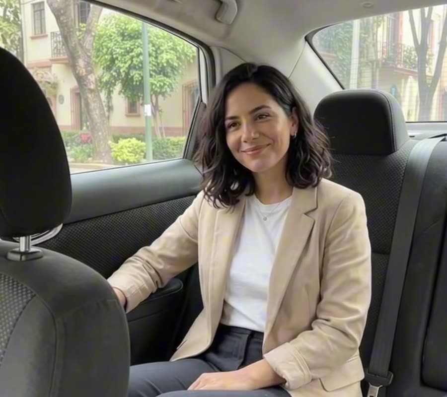 Pasajera tranquila y sonriente en el asiento trasero de un Taxi