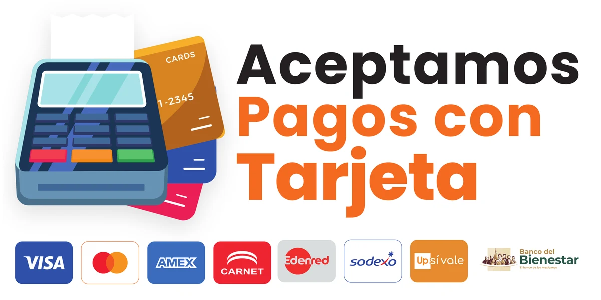 Sticker Aceptamos pagos con Tarjeta, con los logos de Visa, Mastercard, Amex, Carnet, Edenred, Sodexo, Sí Vale y Banco del Bienestar
